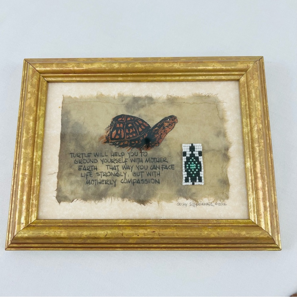 Cecky Ropelewski Signed Gold Tone Framed Sea Turtle Artwork Seed Bead Turtle